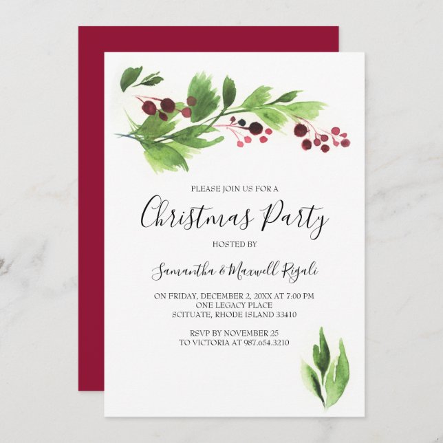 Christmas Function Invite Red Berries & Greenery (Front/Back)