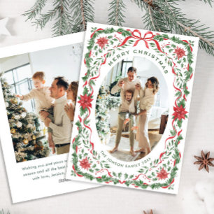 Christmas Funky Whimsical Red Bow Wreath 2 Photo Holiday Card