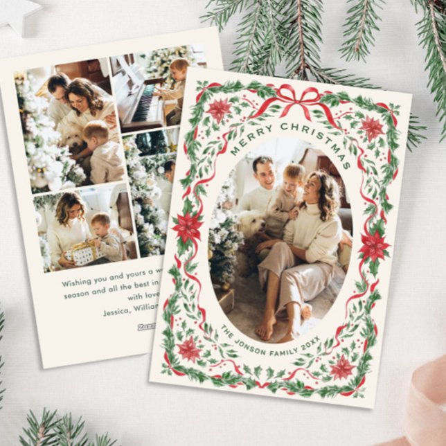 Christmas Funky Whimsical Red Bow Wreath 5 Photo Holiday Card (Creator Uploaded)