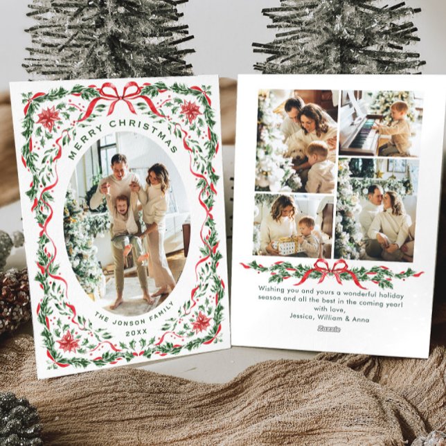 Christmas Funky Whimsical Red Bow Wreath 5 Photo Holiday Card (Creator Uploaded)