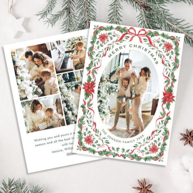 Christmas Funky Whimsical Red Bow Wreath 5 Photo Holiday Card (Creator Uploaded)