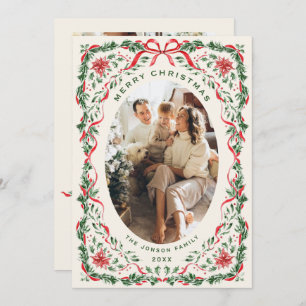 Christmas Funky Whimsical Red Bow Wreath 5 Photo Holiday Card