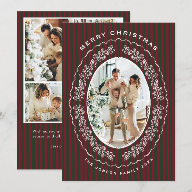 Christmas Funky Whimsical Red Green 5 Photo Holiday Card (Front/Back)