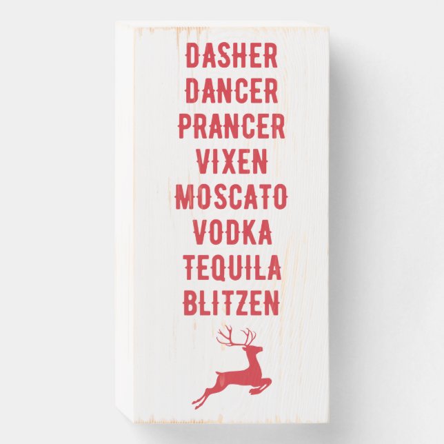 Christmas Funny Alcohol Reindeer Names Wooden Box Sign (Front Vertical)