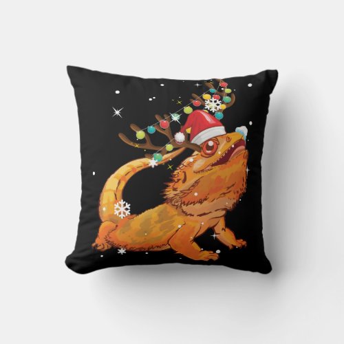 Christmas Funny Bearded Dragon Reindeer Santas Throw Pillow