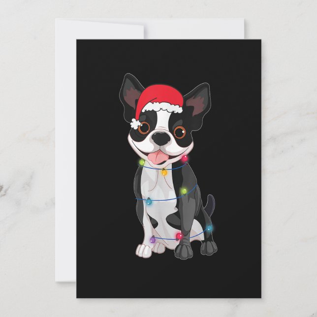 Christmas Funny Boston Terrier Lover Santa Hat Lig Holiday Card (Front)