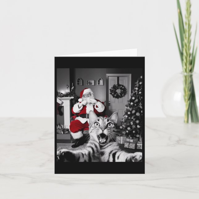 Christmas Funny Cat Selfie With Santa Claus Cute H Card (Front)