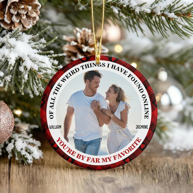 Christmas Funny Couple Photo Buffalo Frame Ceramic Ornament (Creator Uploaded)