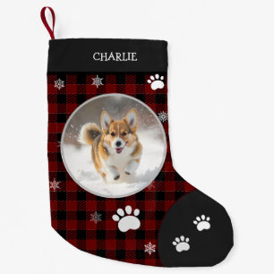 Christmas Funny Cute Dog Small Black Plaid Photo Stocking