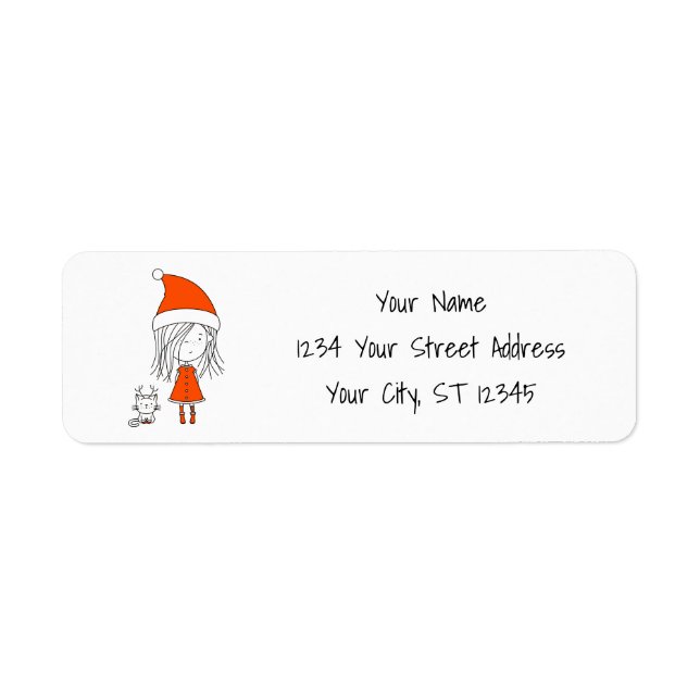 Christmas Funny Cute Santa Girl Cat Cartoon Label (Front)