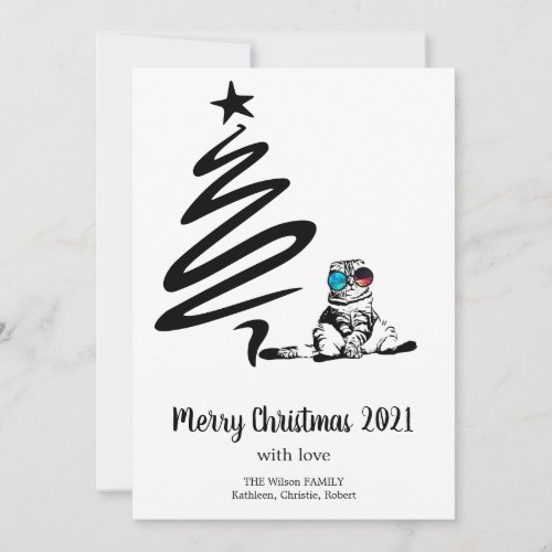 Christmas Funny Cute Space Glasses Cat Line Art Holiday Card