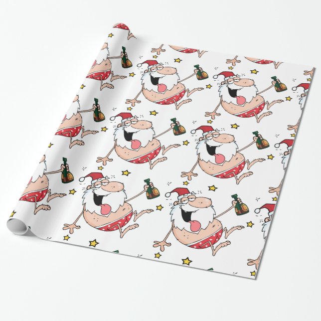 Christmas Funny Drunk Santa Cartoon Wrapping Paper (Unrolled)