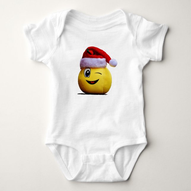 Christmas Funny Emoji Wink Smile Santa Yellow Face Baby Bodysuit (Front)