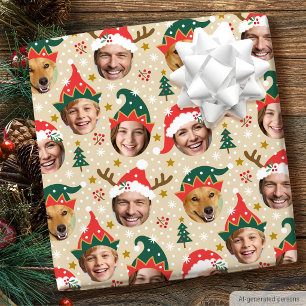 Christmas Funny Face Custom Photo Collage Beige Wrapping Paper