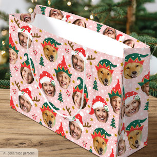 Christmas Funny Face Custom Photo Collage Pink Large Gift Bag