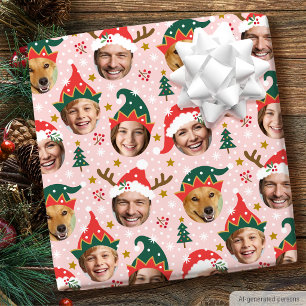 Christmas Funny Face Custom Photo Collage Pink Wrapping Paper