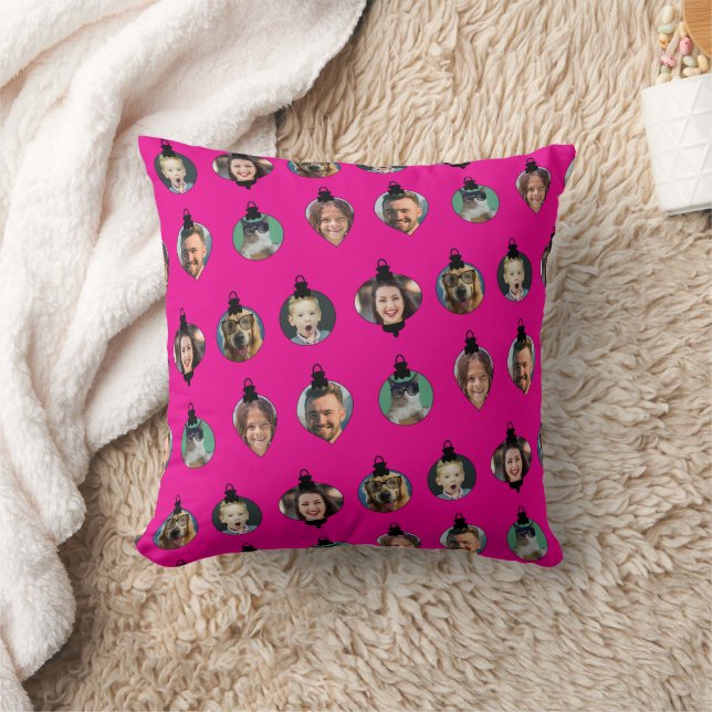 Christmas Funny Family Photo Faces Ornaments Pink  Throw Pillow (Blanket)