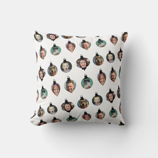 Christmas Funny Family Photo Faces Ornaments White Throw Pillow (Front)