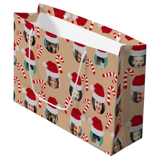 Christmas Funny Family Photo Santa Hats Kraft   Large Gift Bag (Front Angled)