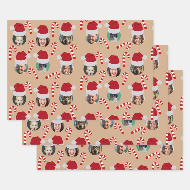 Christmas Funny Family Photo Santa Hats Kraft  Wrapping Paper Sheets (Set)