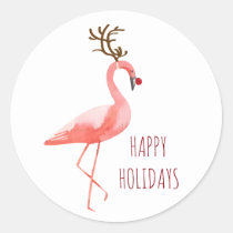 Christmas funny flamingo Rudolf reindeer wishes Classic Round Sticker