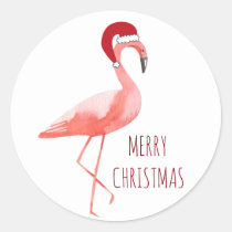 Christmas funny flamingo Santa hat wishes Classic Round Sticker