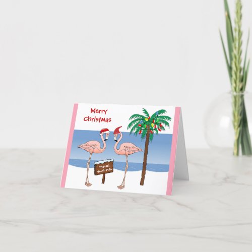 Christmas Funny Flamingos at the South Pole Beach Holiday Card