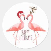 Christmas funny flamingos couple santa and rudolph classic round sticker