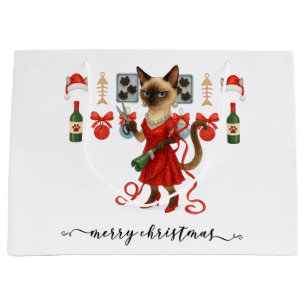 Christmas Funny Glam Siamese Cat Holiday Large Gift Bag