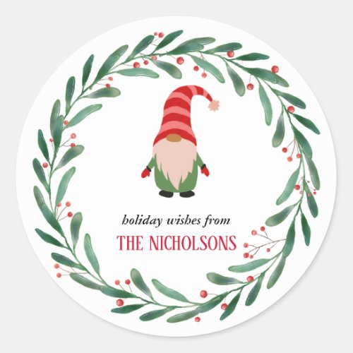 Christmas Funny Gnome Holiday Holly Wreath  Classic Round Sticker