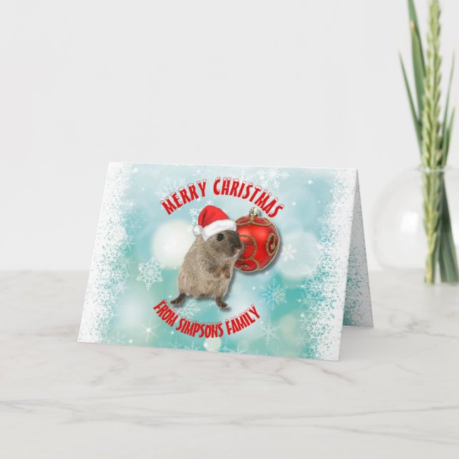 Christmas Funny Hamster Snowflakes Red Santa Hat Holiday Card (Front)