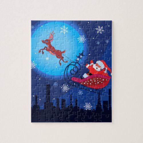 Christmas funny illustration. Santa with Rudolf Jigsaw Puzzle