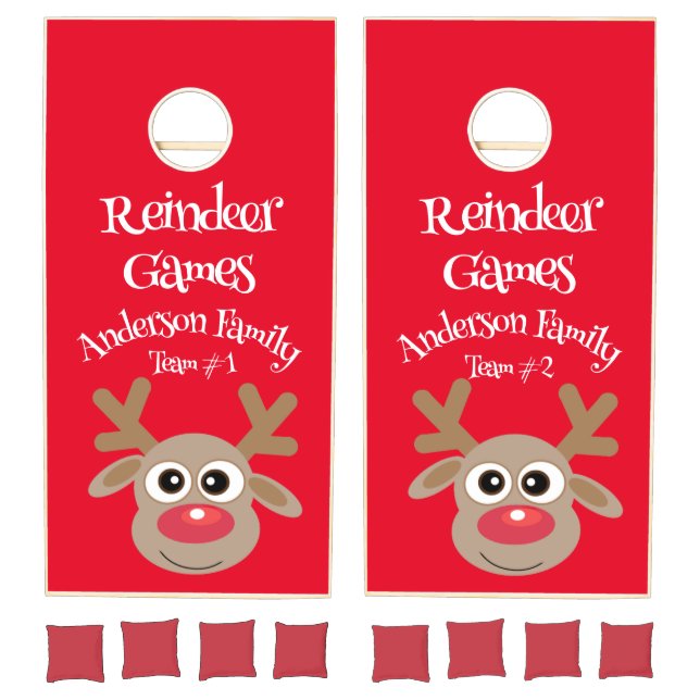 Christmas Funny Reindeer Cartoon Novelty Cute Red Cornhole Set (Set)