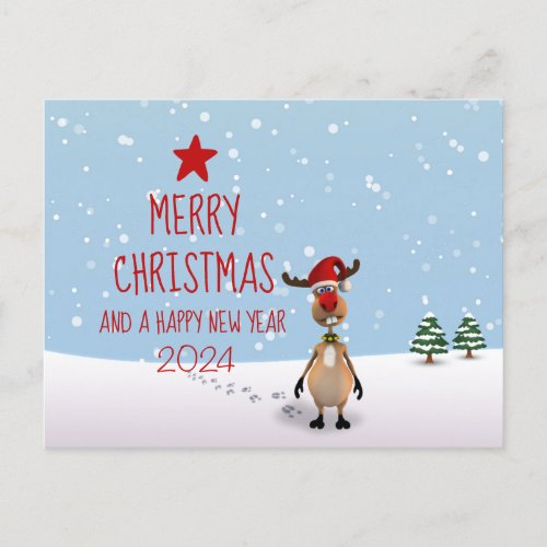 Christmas Funny Reindeer New Year Tree 2024 Postcard