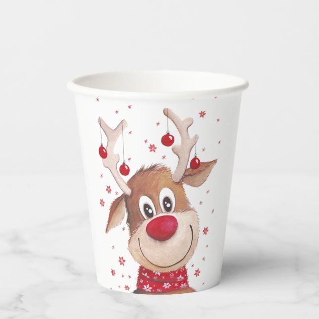 Christmas Funny Reindeer Red Ornaments Paper Cups (Front)