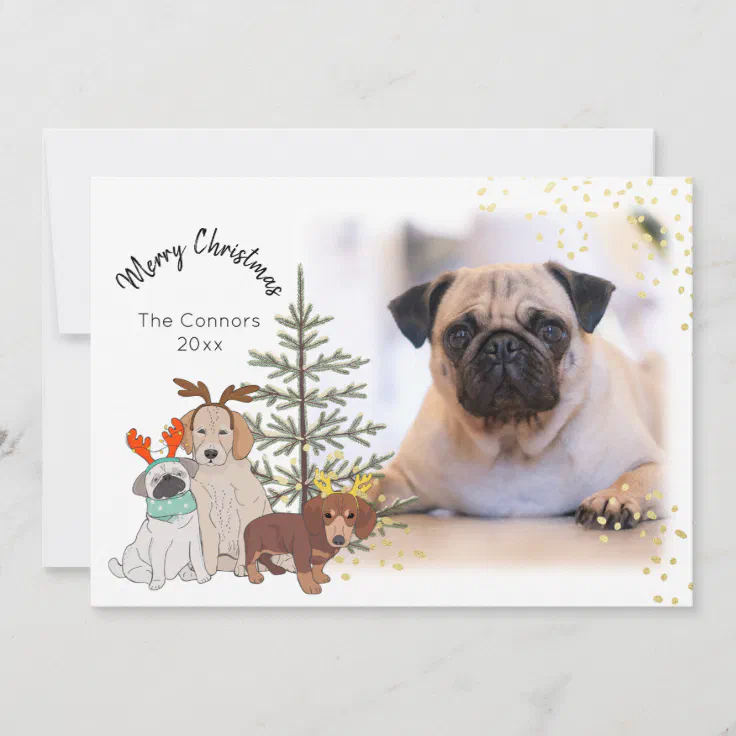 Christmas Fur Babies Tree and Antlers with Photo Holiday Card | Zazzle