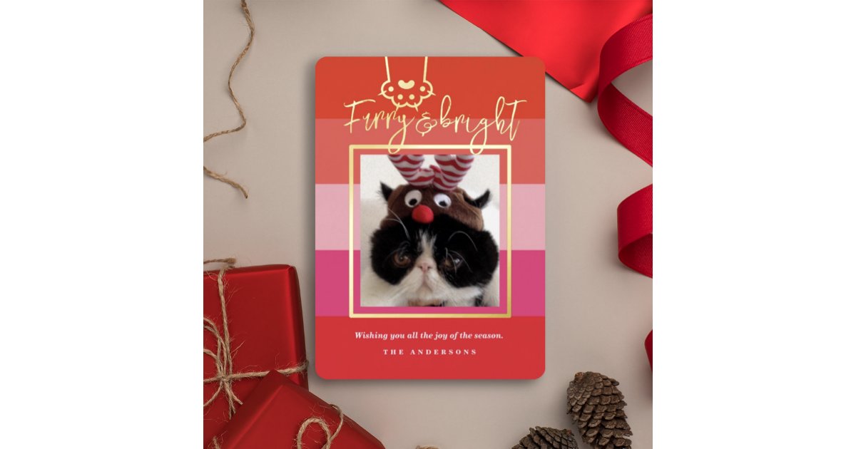Christmas Furry & Bright Pet Photo Red Foil Holiday Card | Zazzle