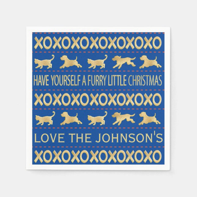 Christmas Furry Navy and Gold Napkins (Front)