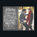 Christmas Future Mr. and Mrs. Photo Save The Date Announcement Postcard<br><div class="desc">This modern and chic postcard doubles as a Christmas card and Save the Date Announcement. It features hand lettered calligraphy artwork that says "Merry Christmas from the future Mr. and Mrs" all on a trendy chalkboard background. Additional colors and design alterations available upon request.</div>