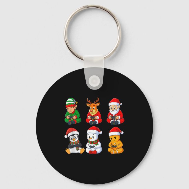 Christmas Gamer Boys Video Games Santa Elf Reindee Keychain (Front)
