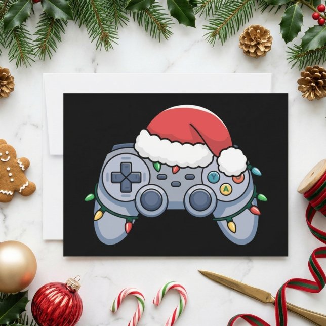 Christmas Gamer Controller Santa Hat Lights Holiday Card (Creator Uploaded)