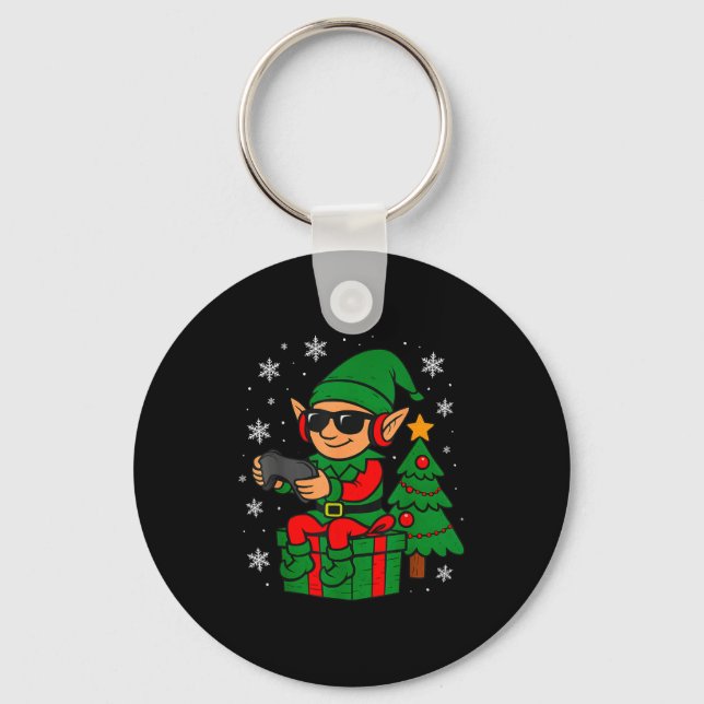Christmas Gamer Retro Elf Funny Xmas Gaming Boys K Keychain (Front)