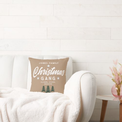 Christmas Gang Beige Rustic Trees Family Name Throw Pillow