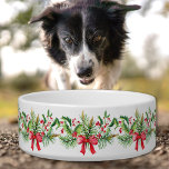 Christmas garland berries red bow pet bowl<br><div class="desc">Christmas garland,  pine,  berries,  red bow watercolor floral Christmas,  winter pet bowl.</div>