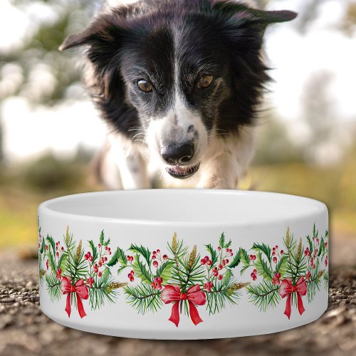 Christmas garland berries red bow pet bowl