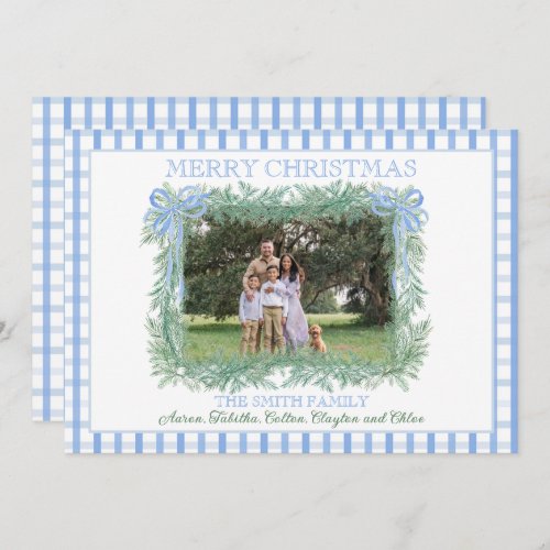 Christmas Garland Blue Bow Ribbon Gingham Holiday Card