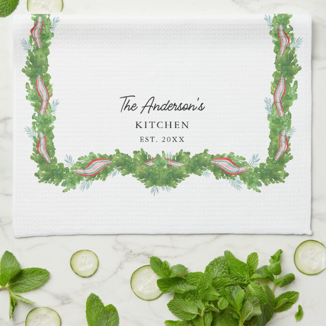 Christmas garland bow Family Kitchen Custom Kitchen Towel (Folded)