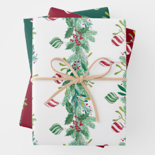 Christmas Garland Fir Branches Mistletoe Holly Wrapping Paper Sheets