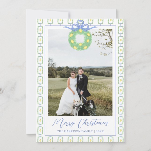 Christmas Garland Lemon Blue Bow Photo Holiday Card (Front)