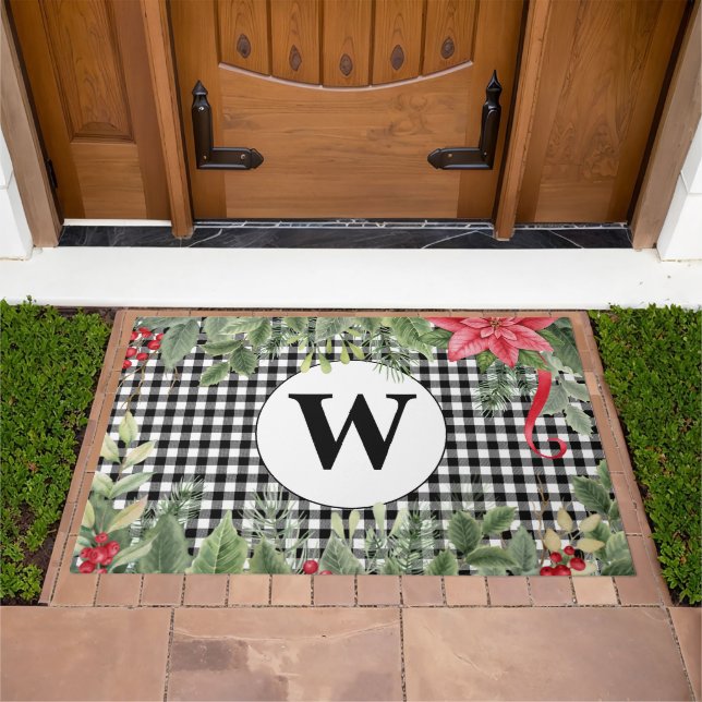 Christmas Garland on Black & White Plaid Monogram  Doormat (Outdoor)